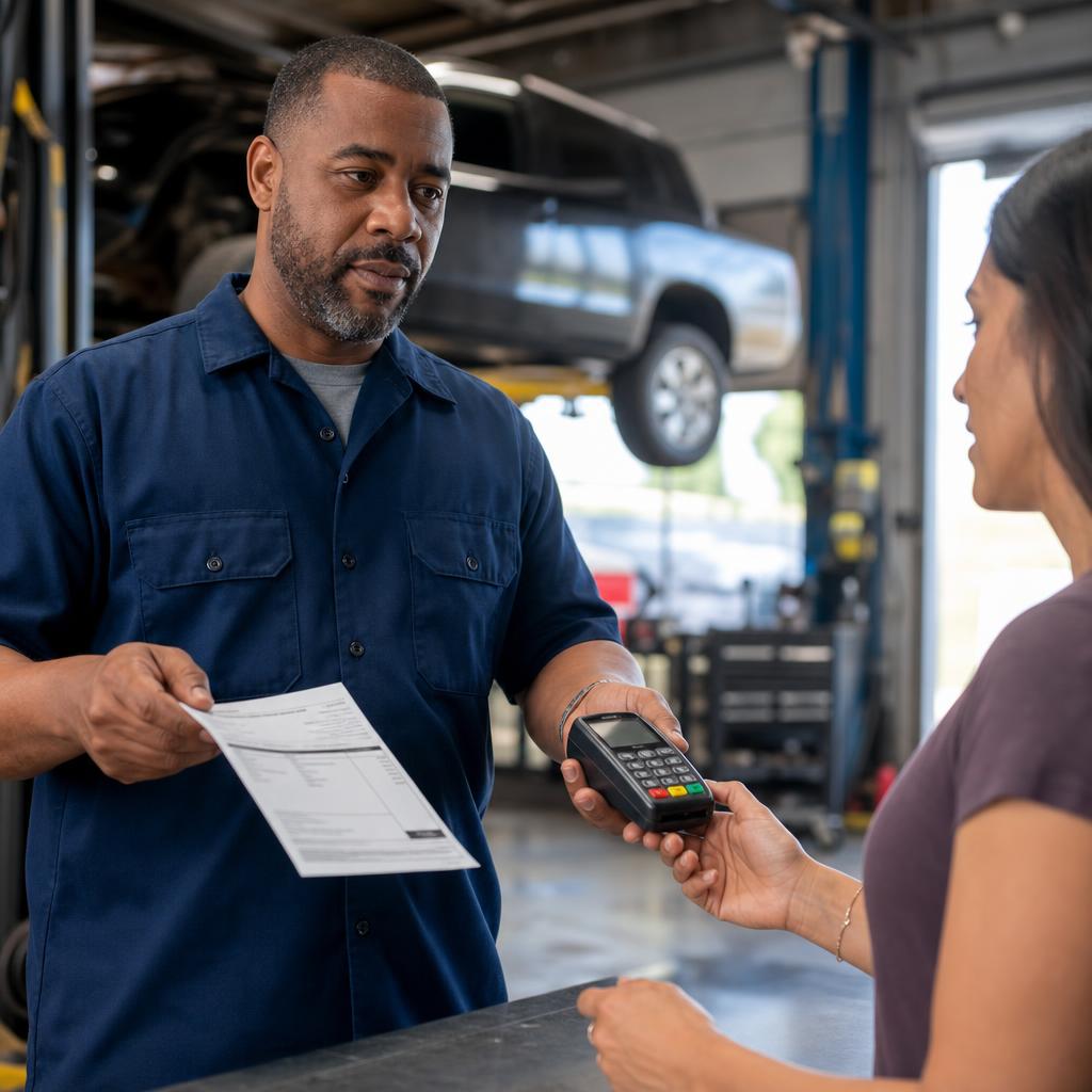 Auto repair shop owner charging a customer for service work