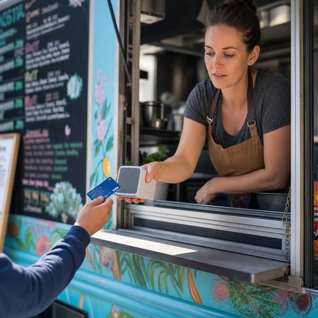 Food truck operator taking a mobile card payment from a customer