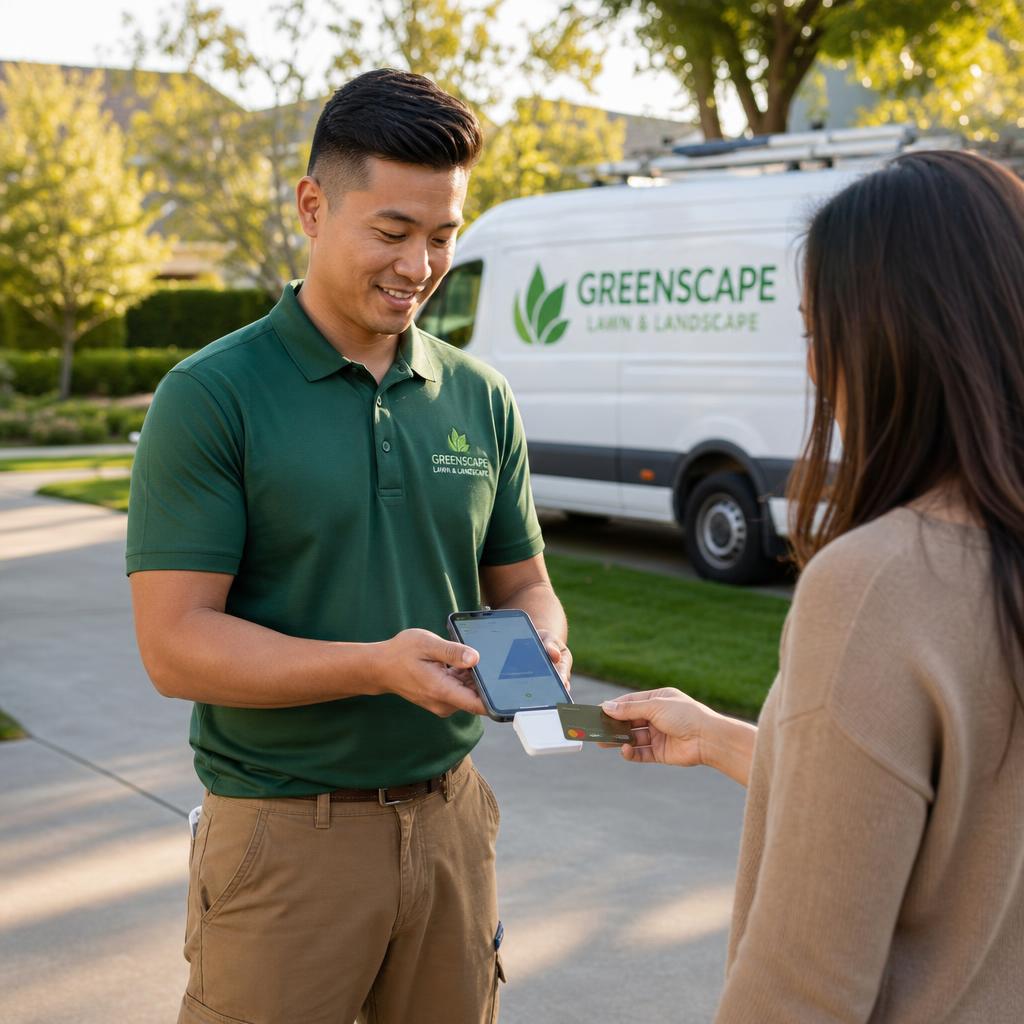 Local service pro accepting a phone-reader card payment on-site