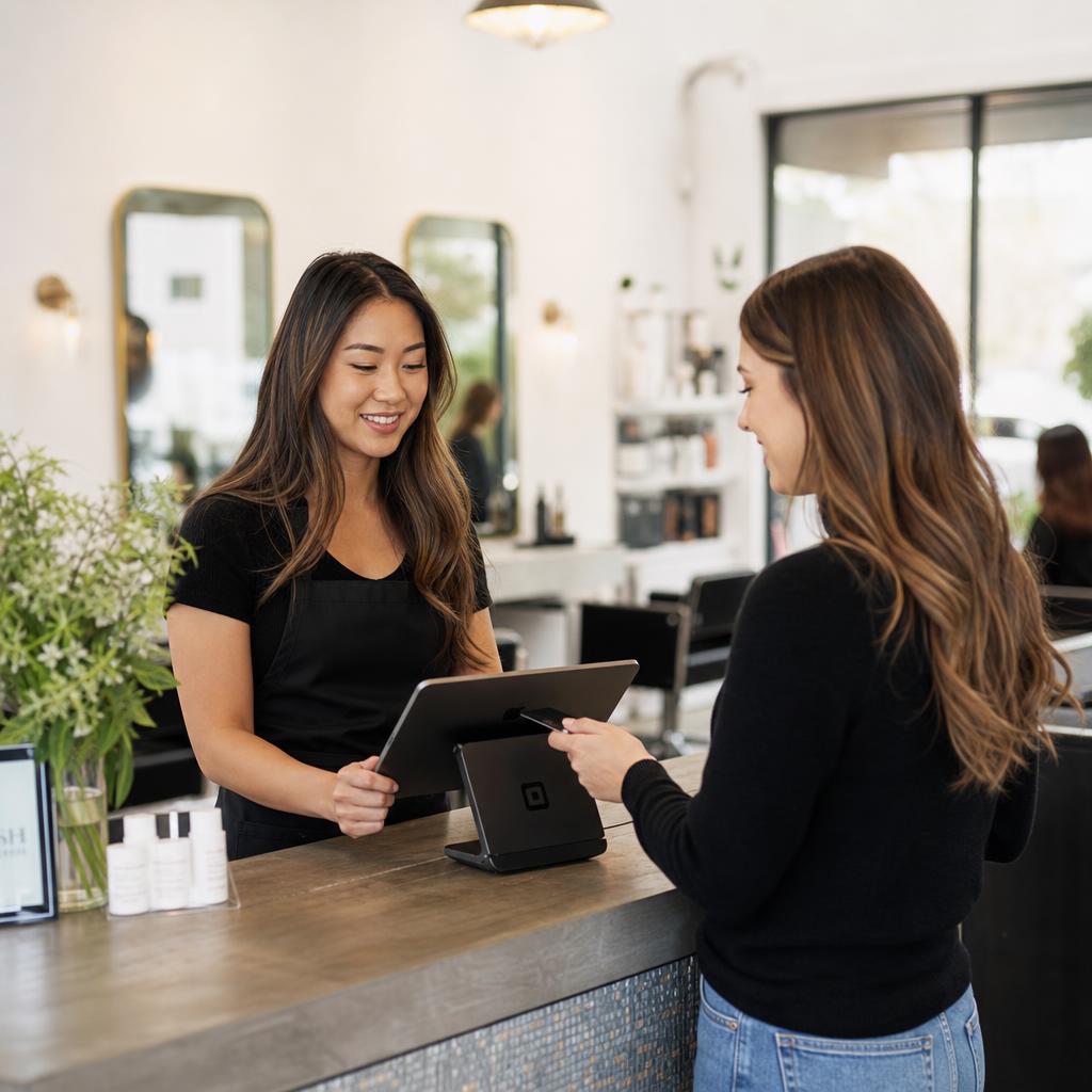 Salon front desk processing a client card payment for services