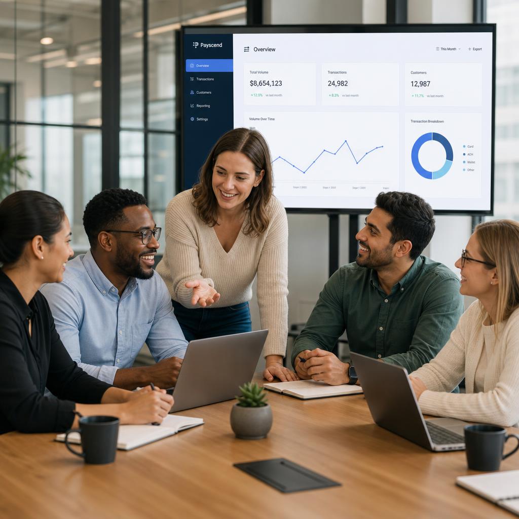 Clutch Currency LLC customer support and merchant services team collaborating in a modern office